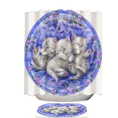 Adorable Cute Three White Kittens on Purple Shower Curtain