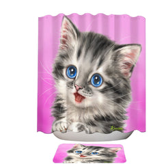 Adorable Painted Cats Baby Blue Eyes Grey Kitty Shower Curtain