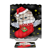 Adorable Tabby Kitty in Red Angle Christmas Sock Shower Curtain