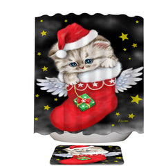 Adorable Tabby Kitty in Red Angle Christmas Sock Shower Curtain