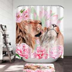 Art Painting Pinkish Flowers and Loving Lions Shower Curtain