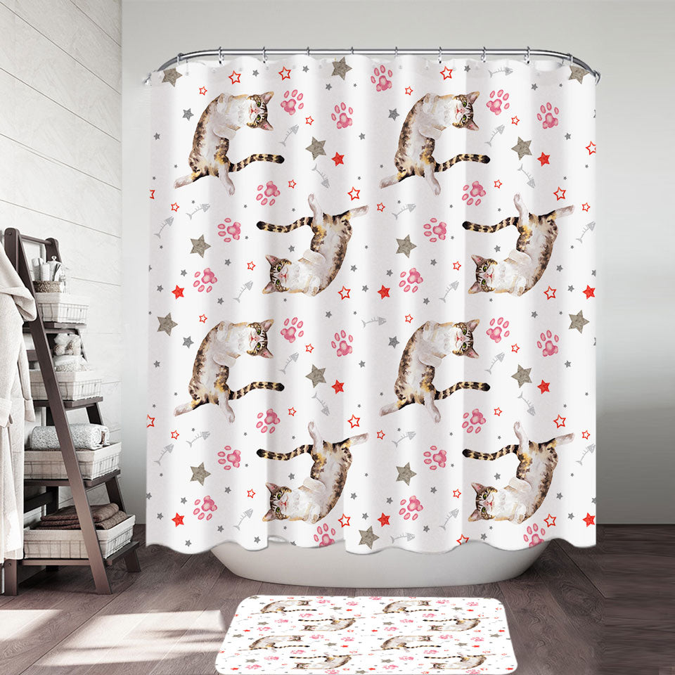 Adorable Cat and Paws Pattern Shower Curtain