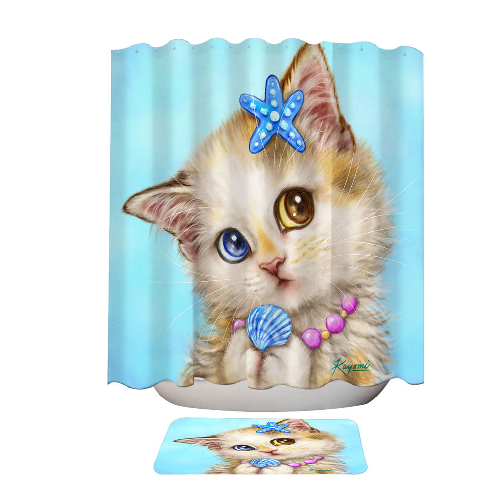 Adorable Cats Drawings Seashells Girly Kitten Shower Curtain