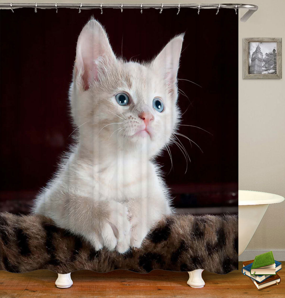 Adorable Cute White Cat Kitten Shower Curtain