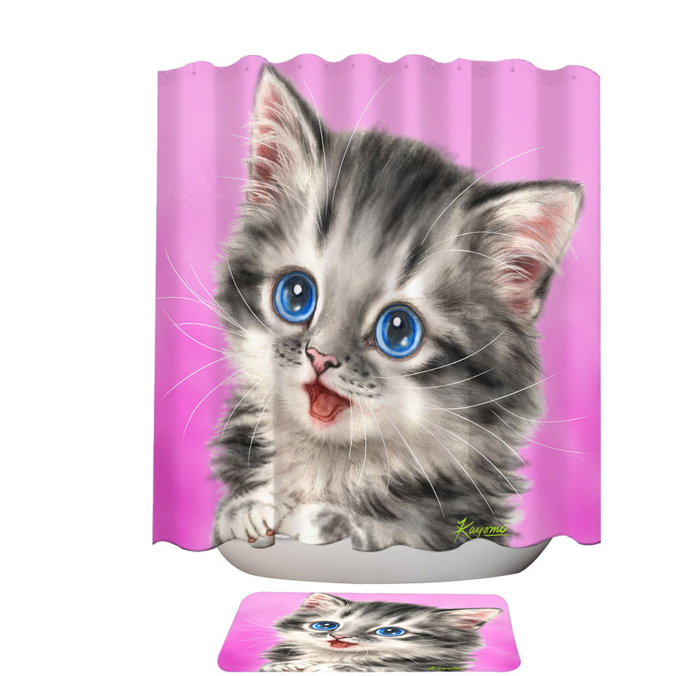Adorable Painted Cats Baby Blue Eyes Grey Kitty  Shower Curtain