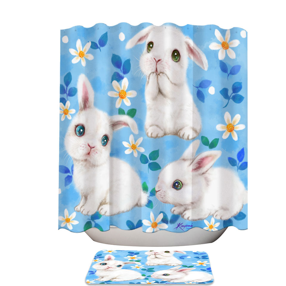 Adorable White Bunnies and Flowers for Kids Shower Curtain