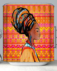 African Woman over Bright Colored Pattern Shower Curtain