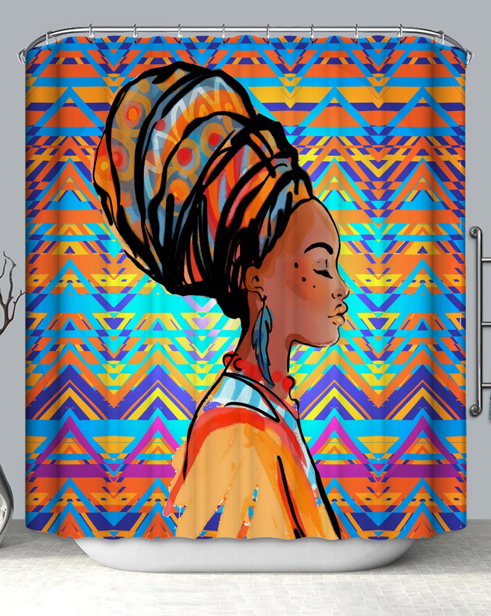 African Woman over Colored Triangles Pattern Shower Curtain