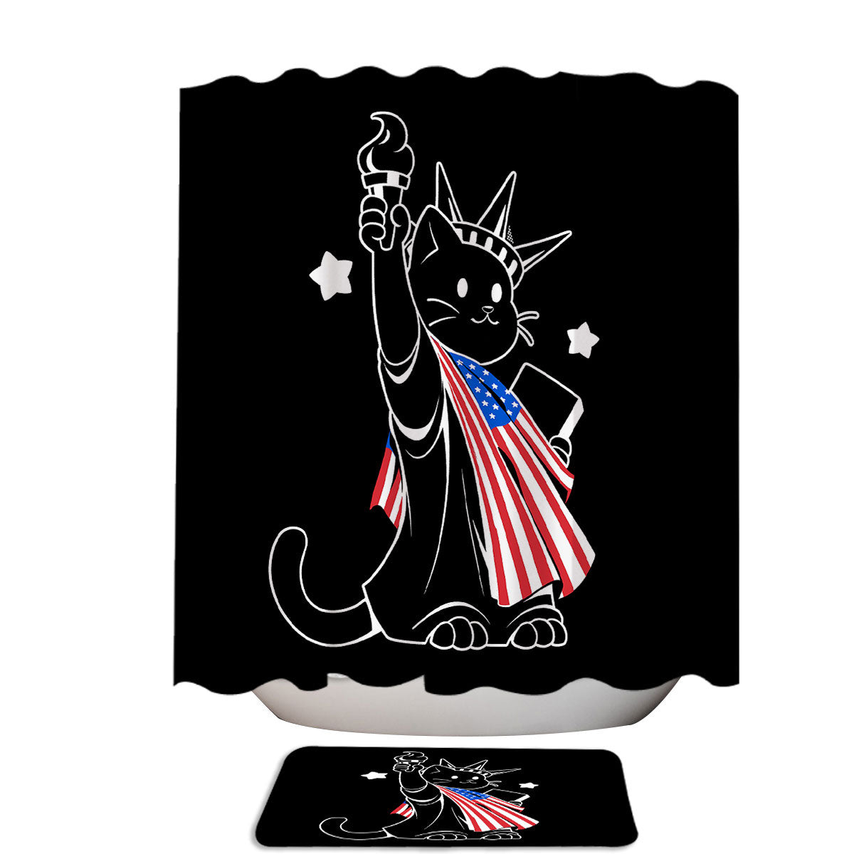 American Flag Liberty Statue Cat Shower Curtain