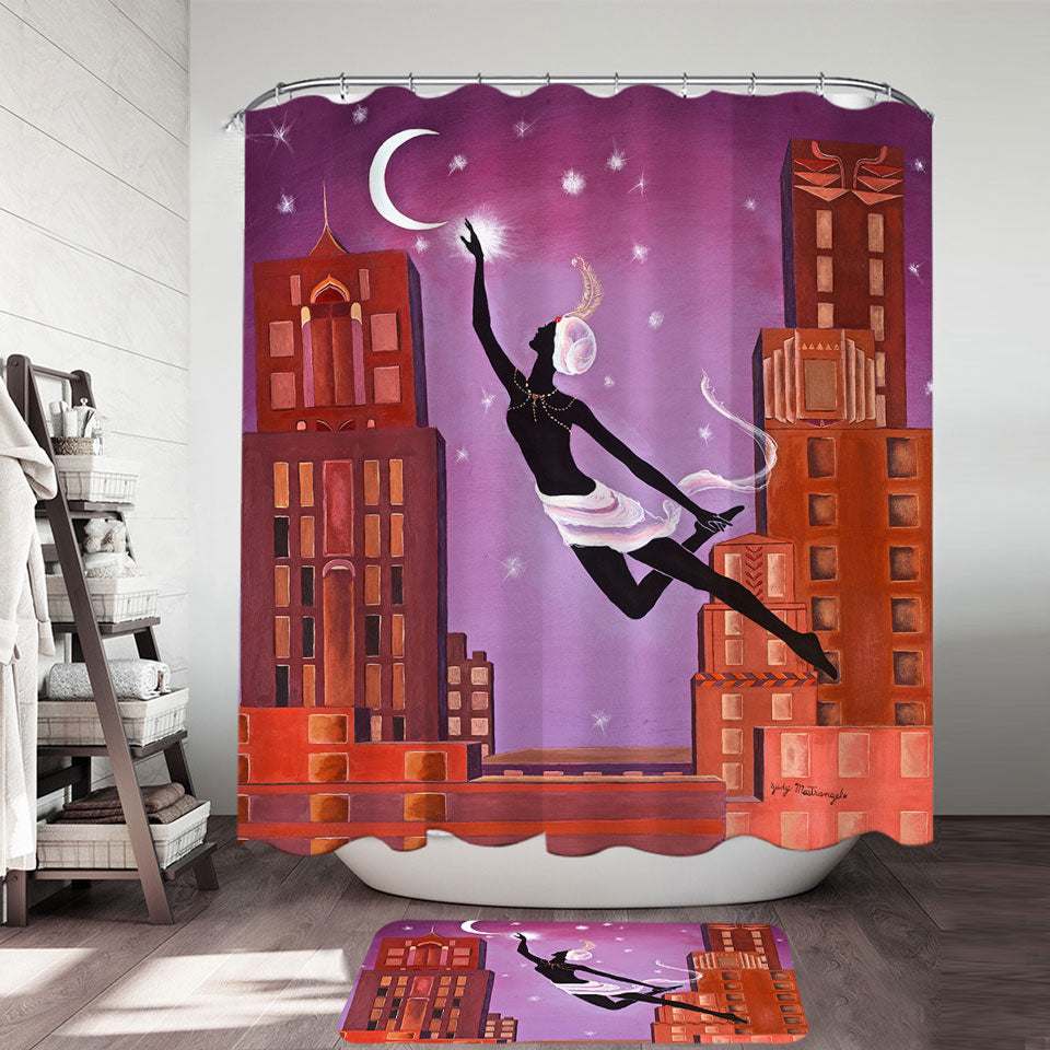 Art Deco Gliding Night City Dancing Painting Shower Curtain