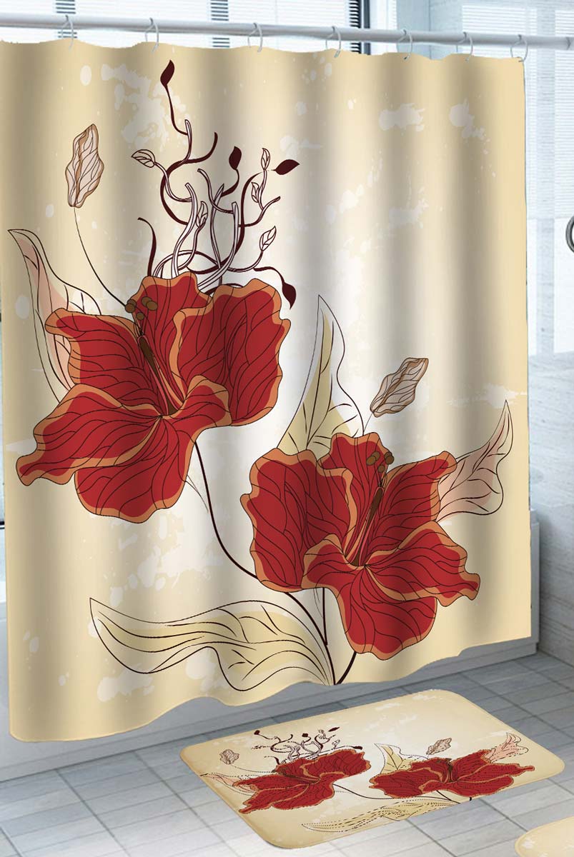 Art Drawing Red Hibiscus Flowers Shower Curtain