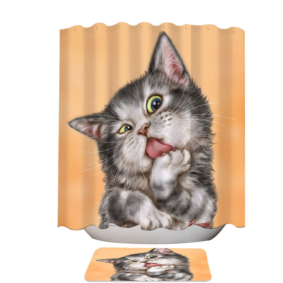Art Drawing Cats Beautiful Licking Grey Kitten Shower Curtain