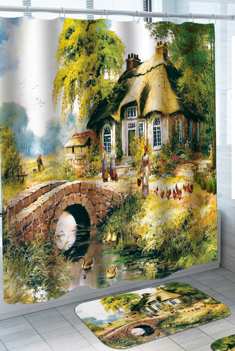 Art Painted Old Village House by the Canal Shower Curtain