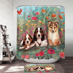 Art Painting Cute Dog Puppies and Flowers Shower Curtain