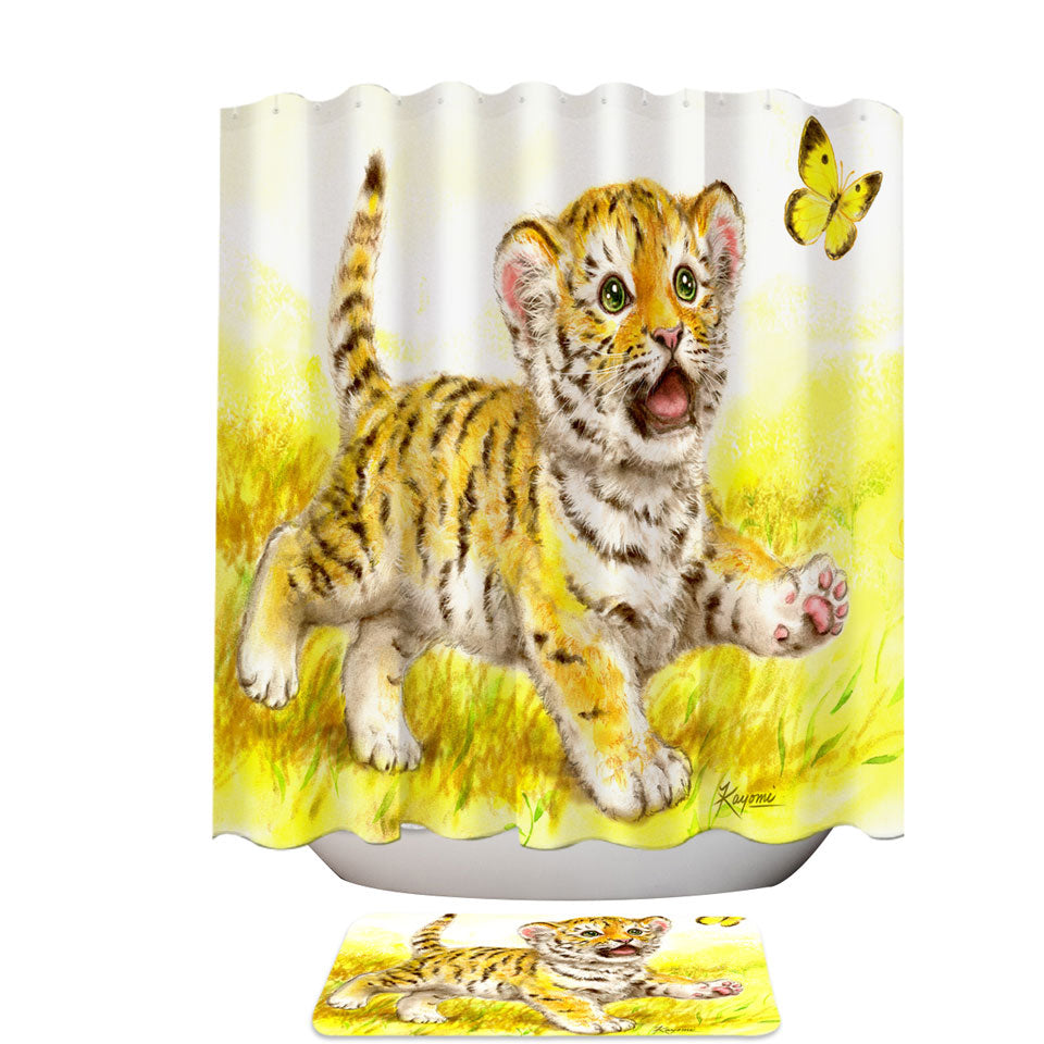 Art Painting for Kids Butterfly and Baby Tiger Shower Curtain