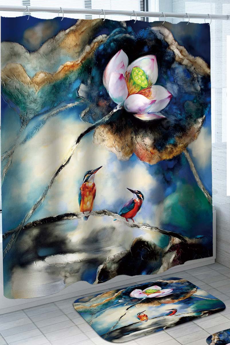 Art Painting Hummingbird and Lotus Flower Shower Curtain