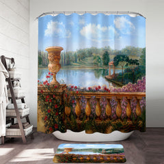 Art Painting Lake Behind a Floral Balustrade Shower Curtain