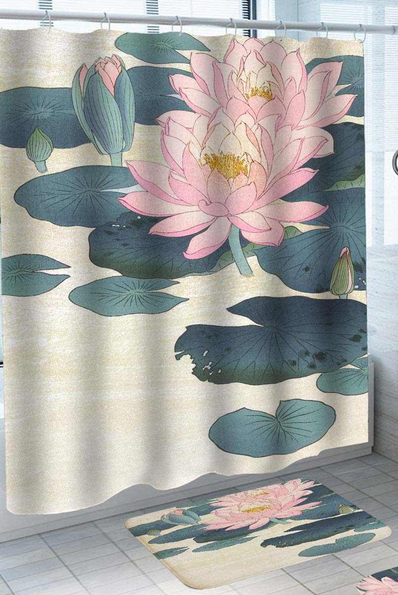 Art Painting Pink Water Lily Flowers Shower Curtain