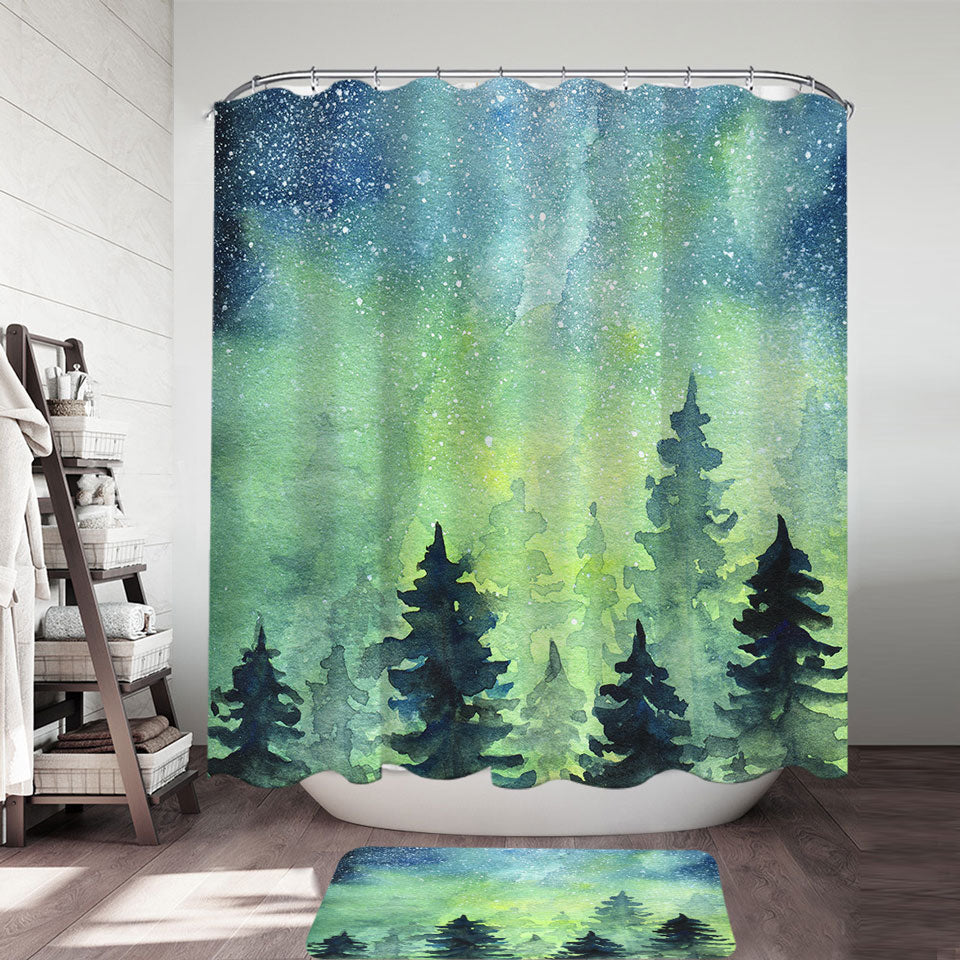 Art Painting of Green Night Pine Forest Shower Curtain