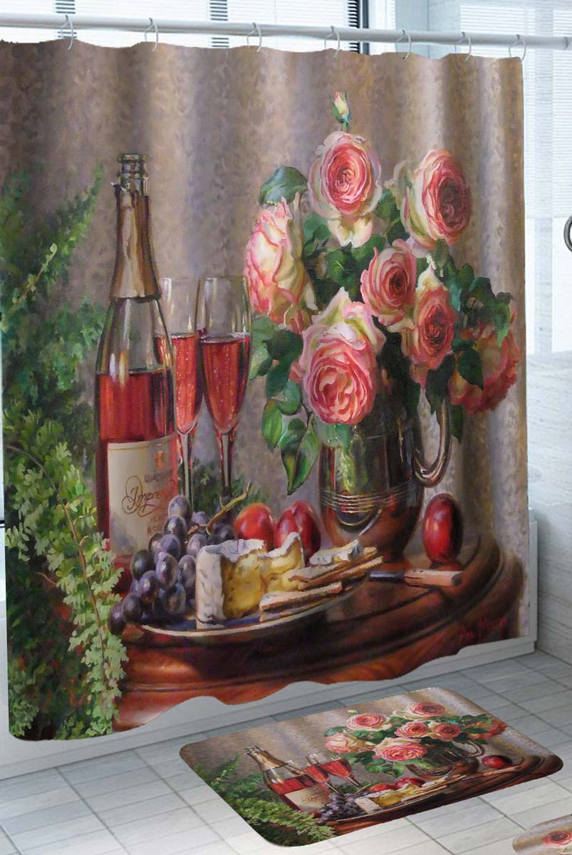 Art Painting Roses Wine and Cheese Shower Curtain