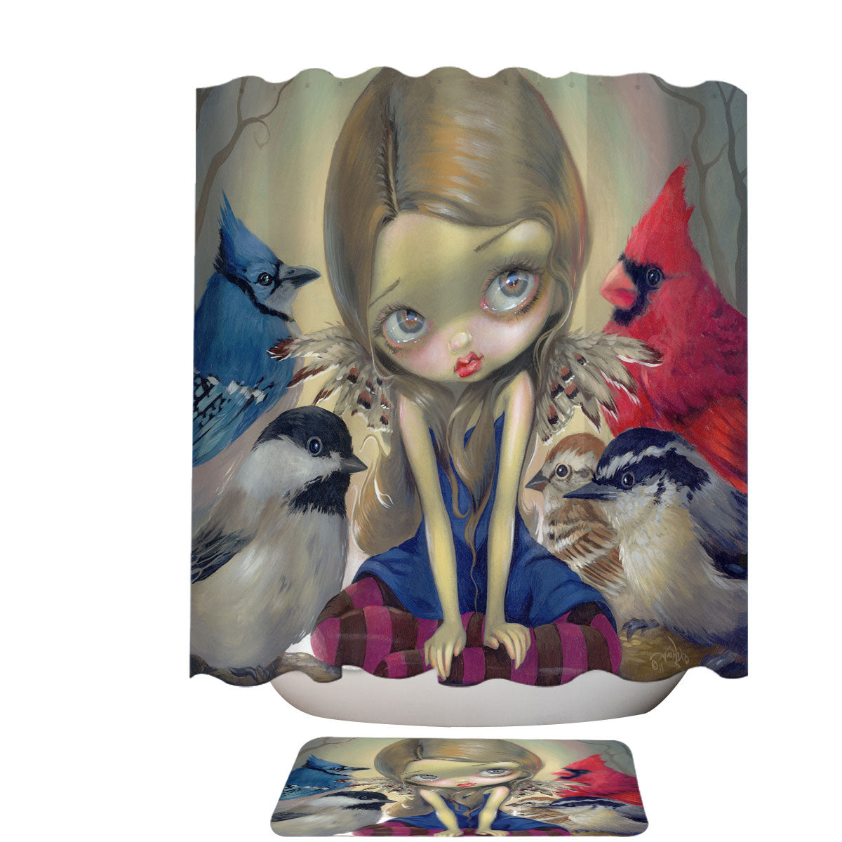 Art Painting Backyard Birds with a Fairy Friend Shower Curtain