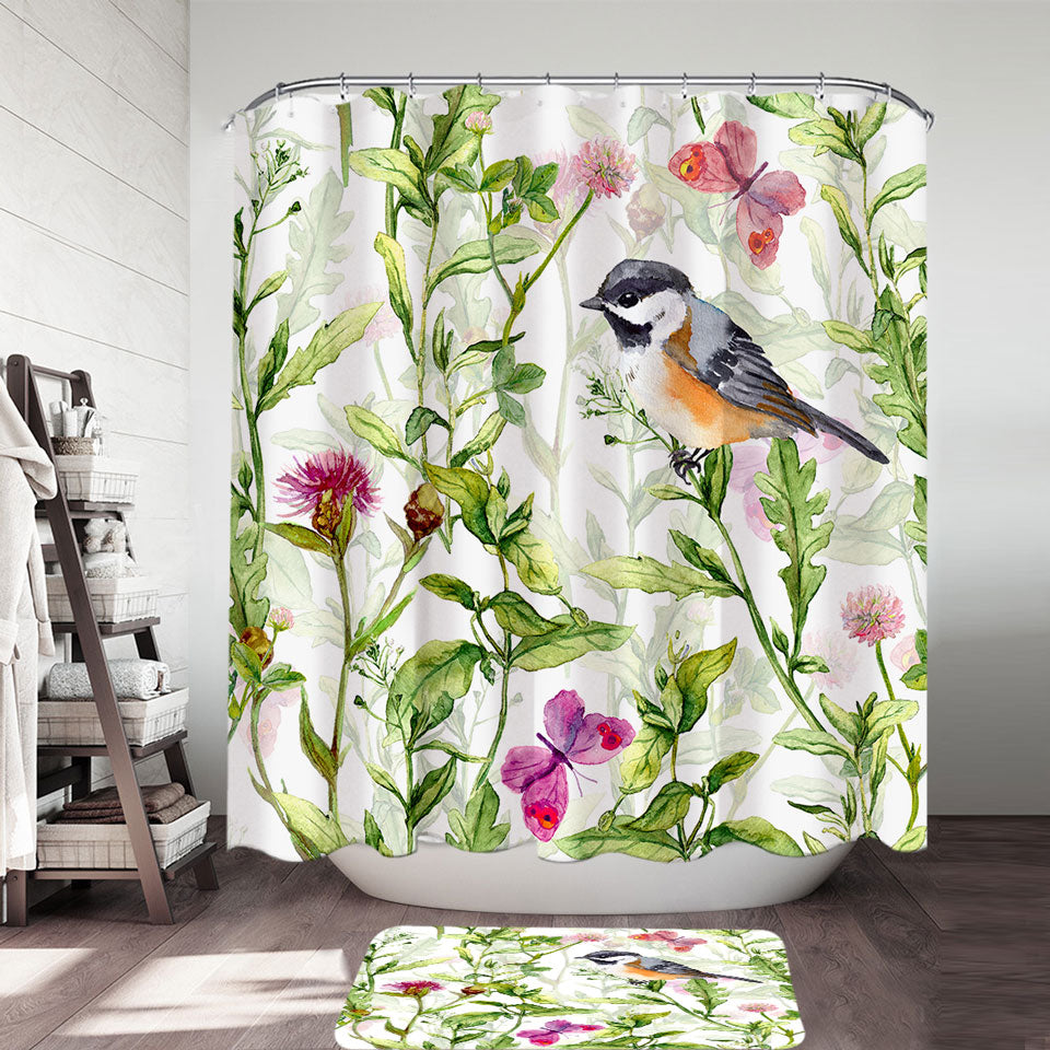 Art Painting Bird and Butterflies with Flowers Shower Curtain