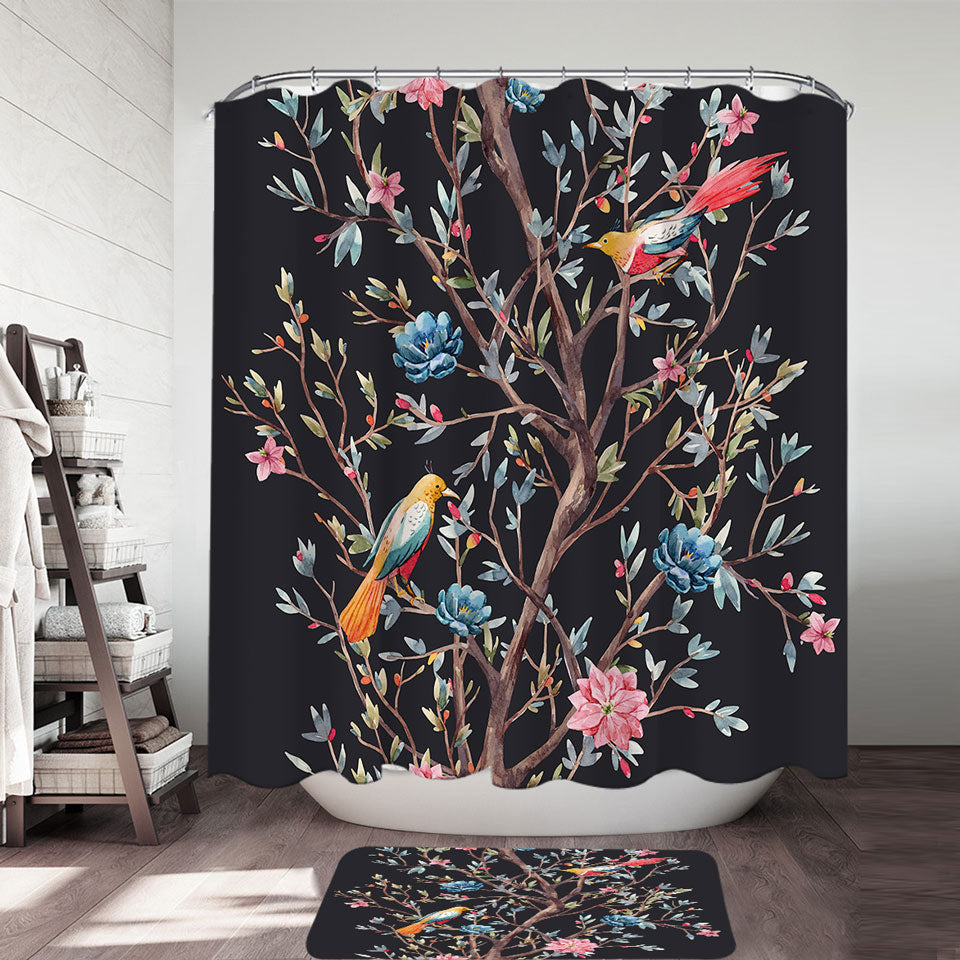 Art Painting Flowering Bird Tree Shower Curtain