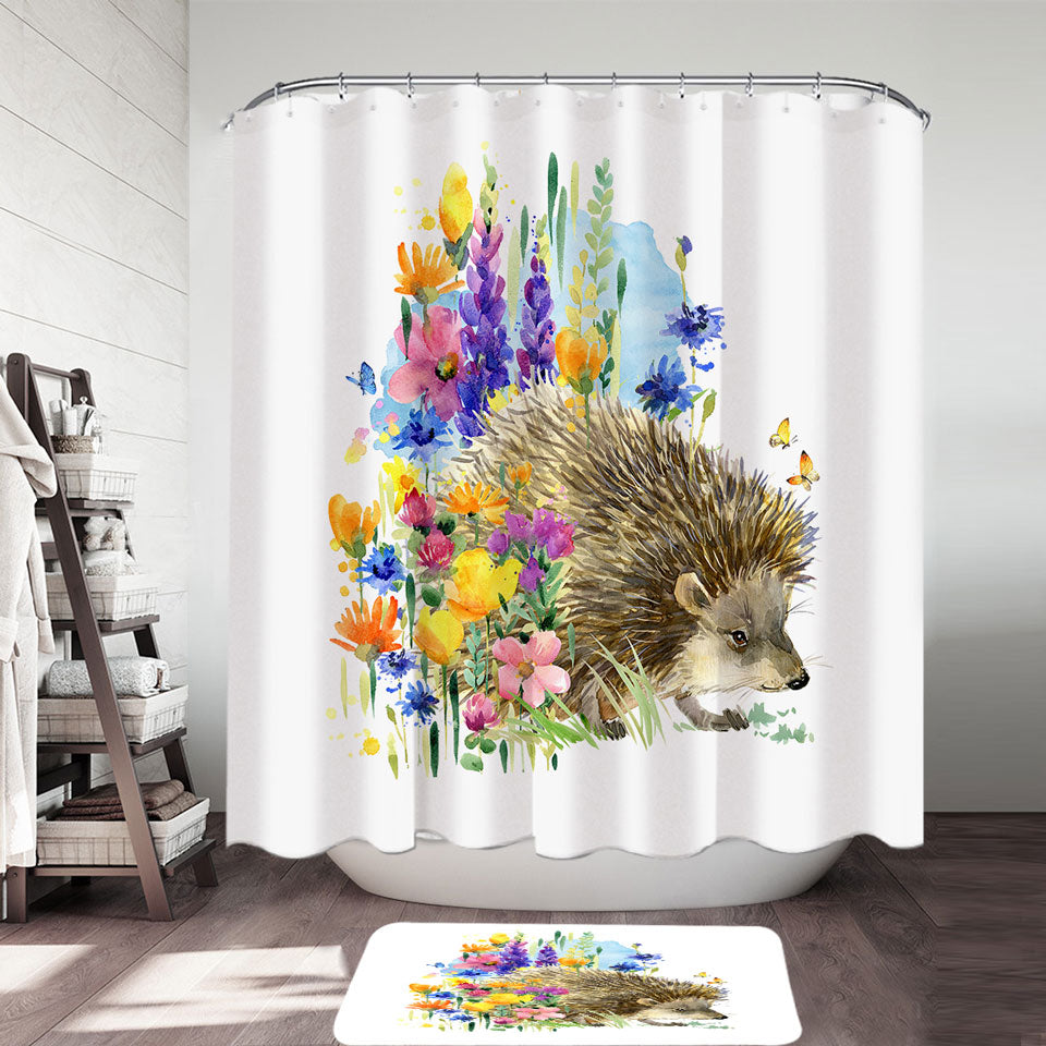 Art Painting Flowers and Cute Hedgehog Shower Curtain