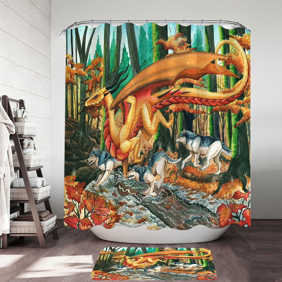 Art Painting Fall Leaves Wolves and Dragon Shower Curtain