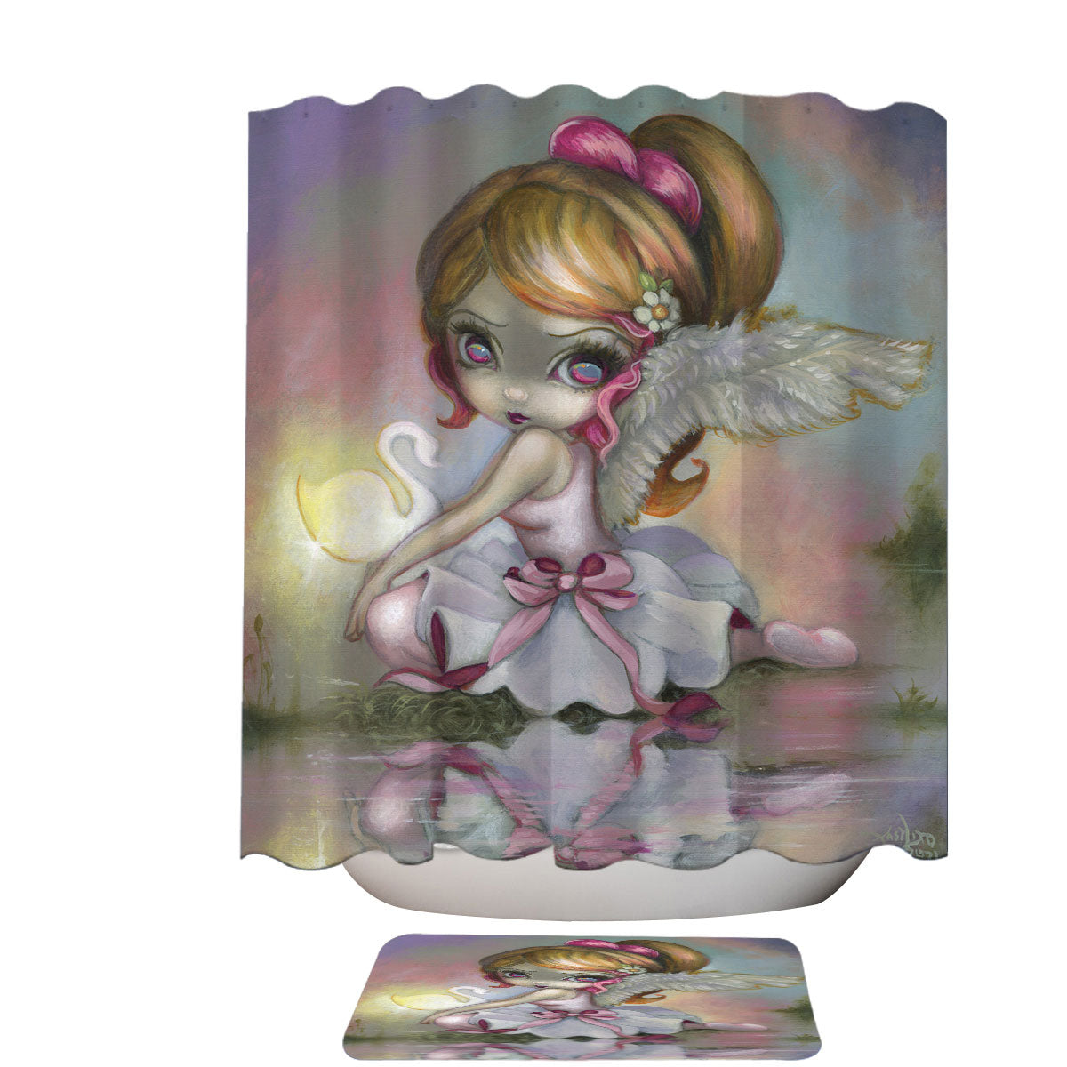Art Painting Swan Lake White Swan Ballerina Girl Shower Curtain