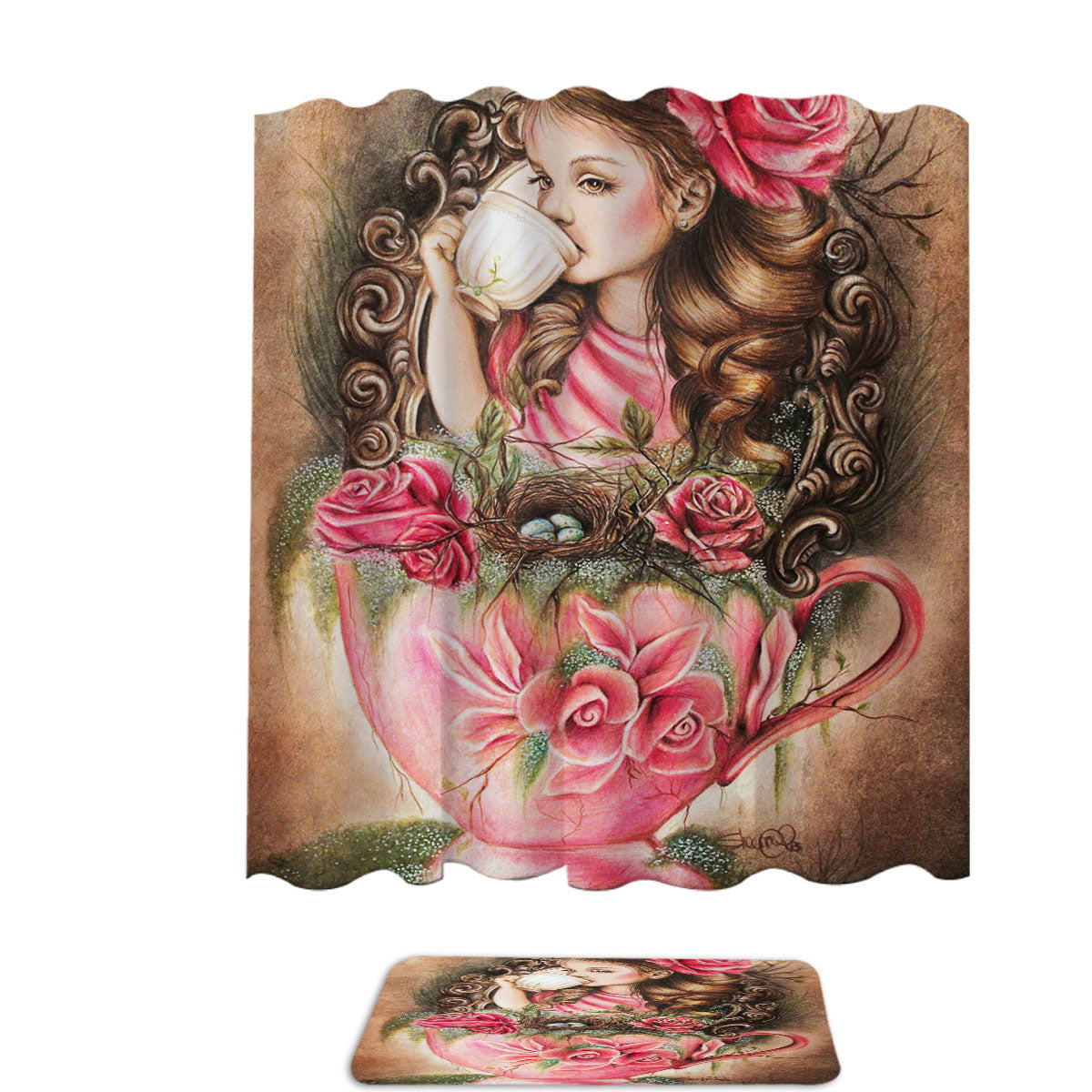 Art Painting Little Girl Porcelain Cup and Roses Shower Curtain