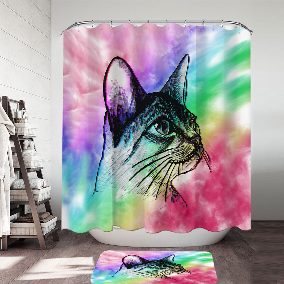 Art Cat Drawing over Colorful Fog Shower Curtain