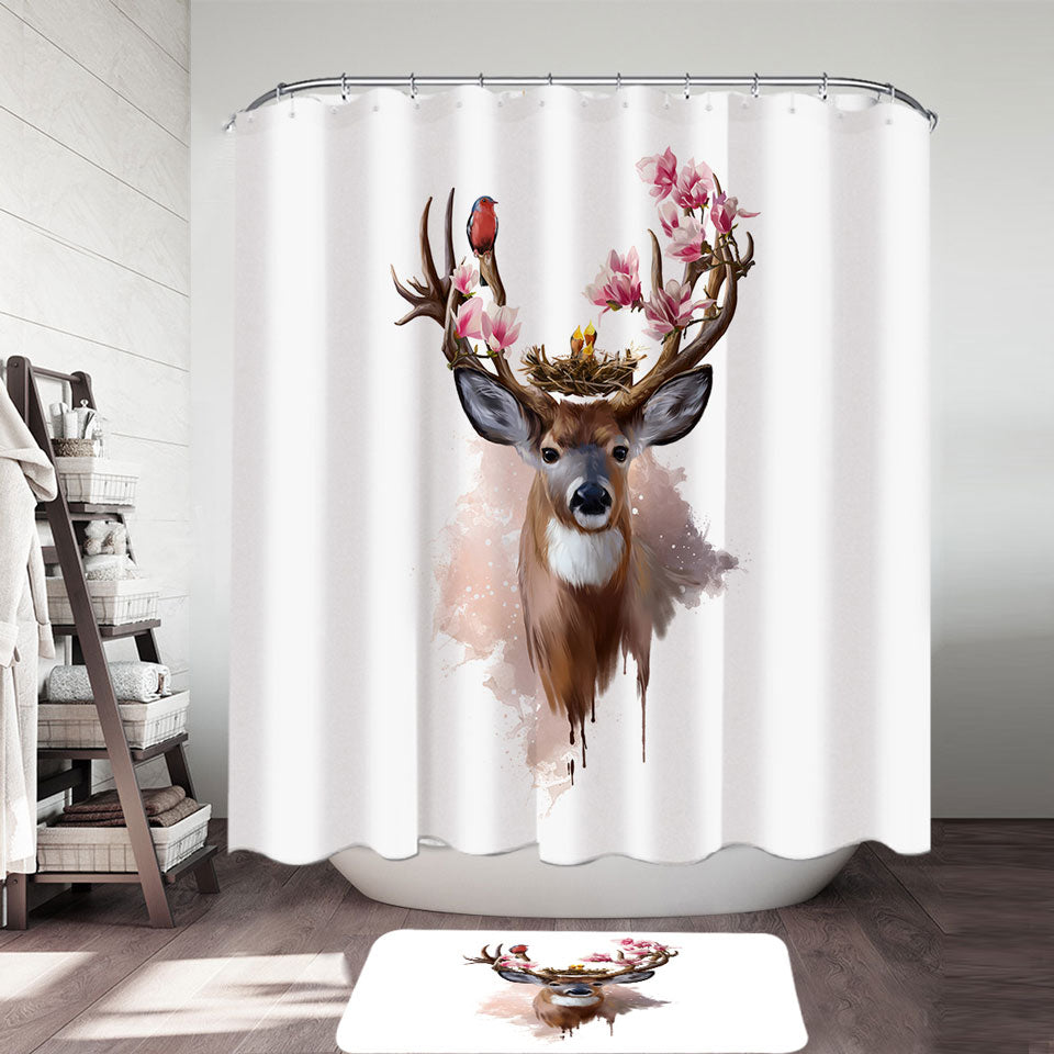 Art Painting Cute Birds Nest on Deer Antlers Shower Curtain