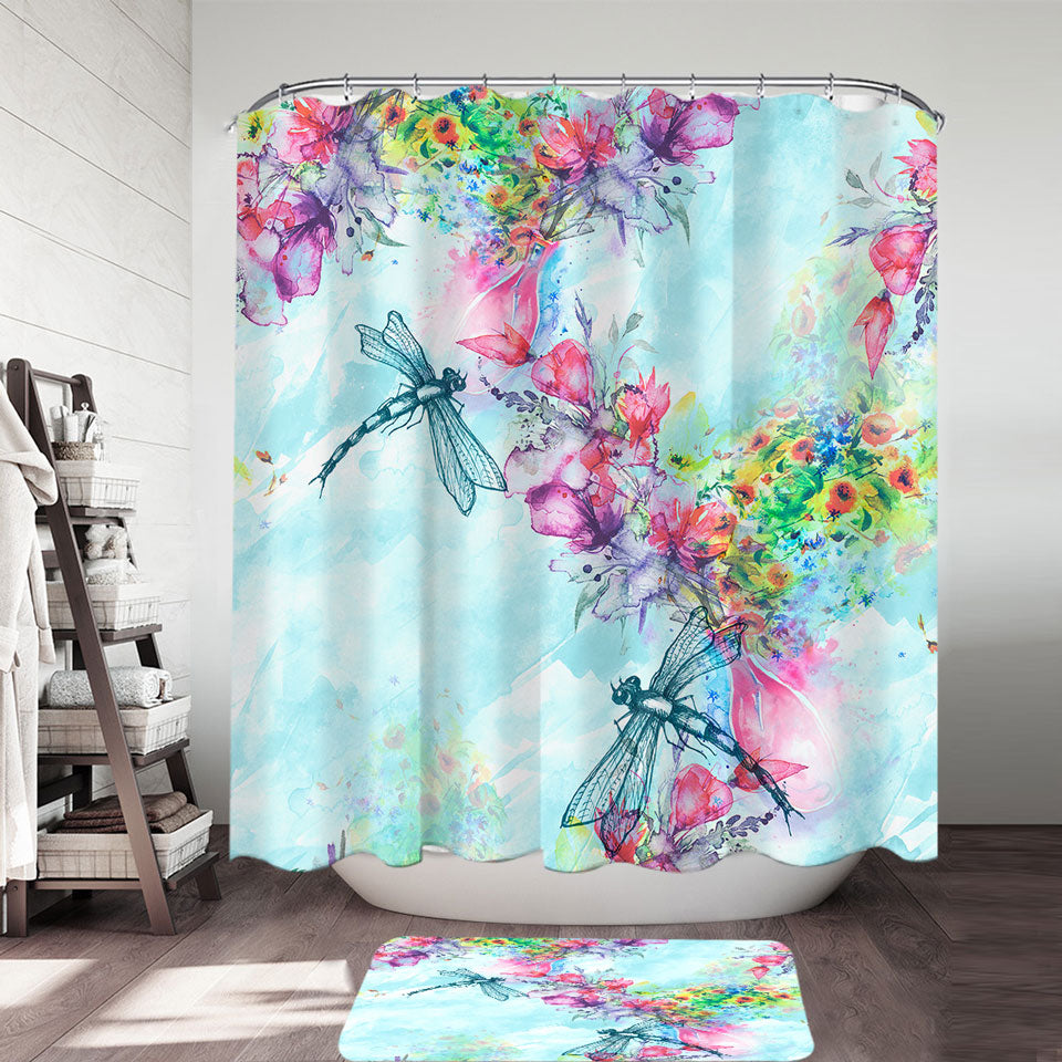 Art Painting Flowers and Dragonflies Shower Curtain