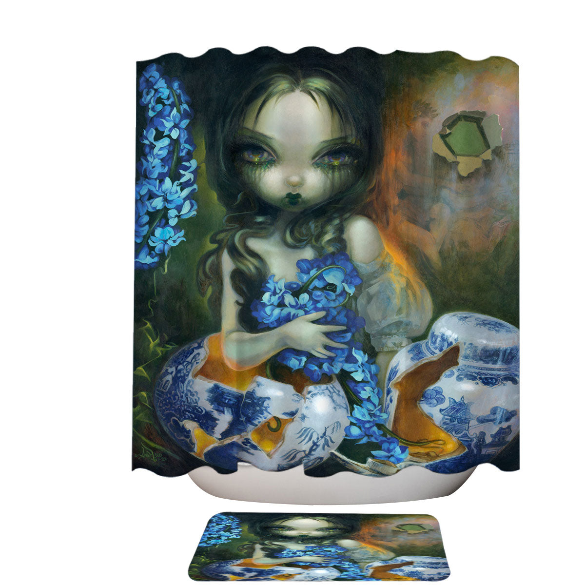 Art Painting Woman with Hyacinth Blue Flowers Shower Curtain