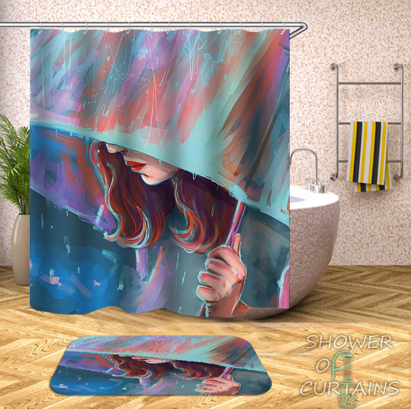 Art Painting Lady In The Rain Shower Curtain