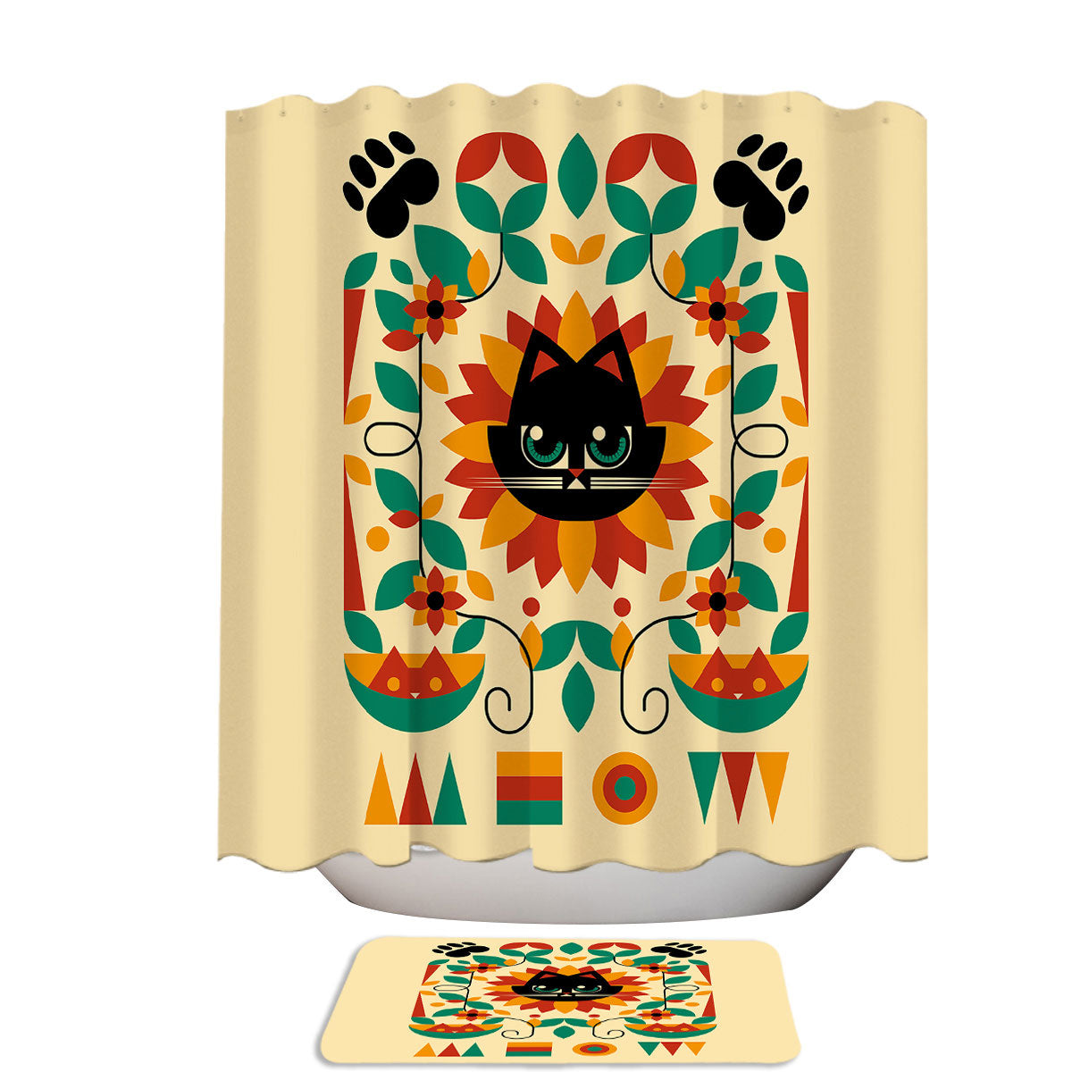 Artistic Bauhaus Spring Cat Sunflower Shower Curtain