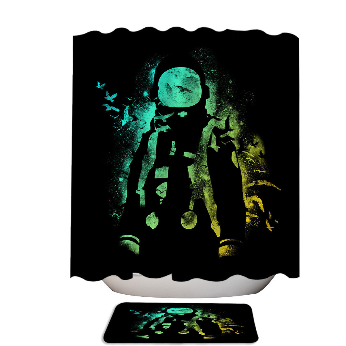 Artistic Celestial Birds and Astronaut Shower Curtain