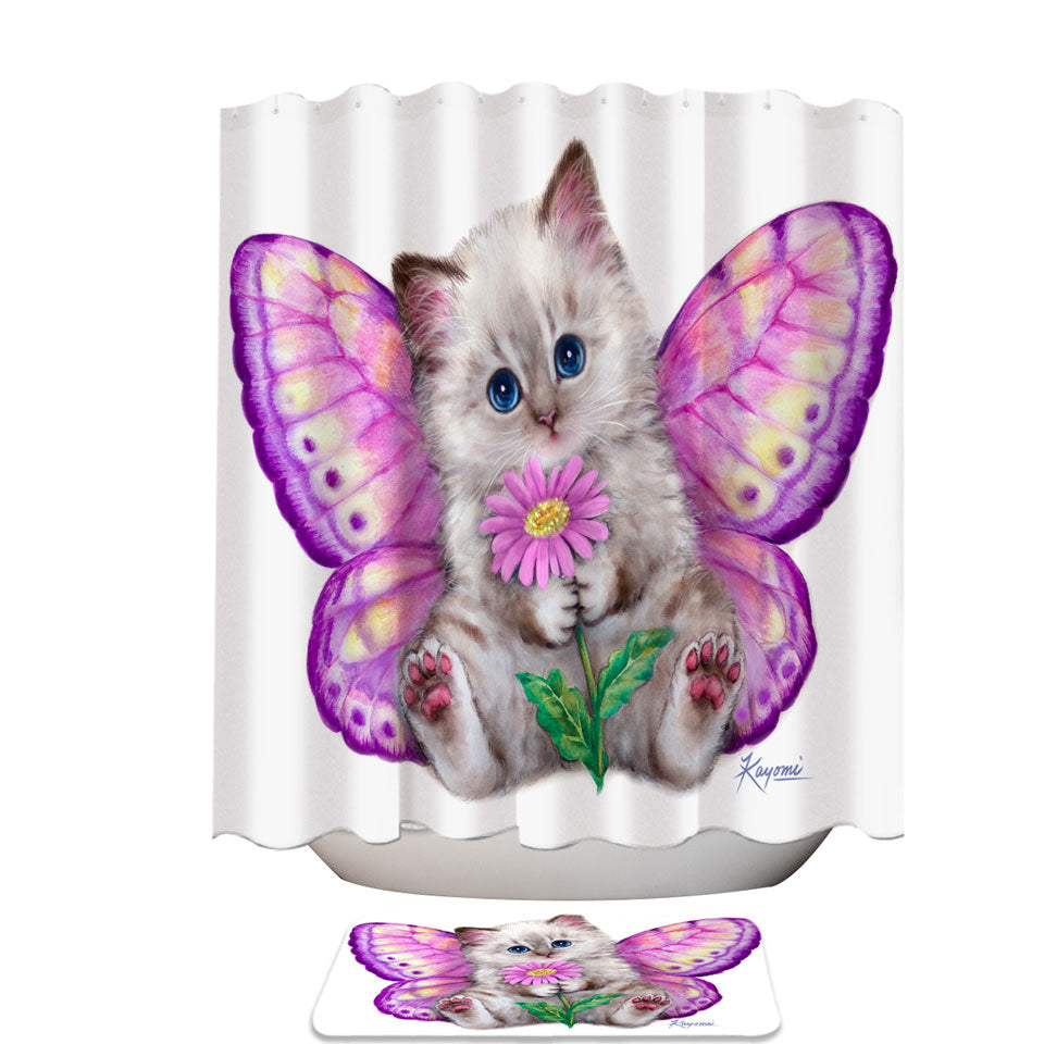 Artistic Designs Girly Purplish Butterfly Kitten Shower Curtain