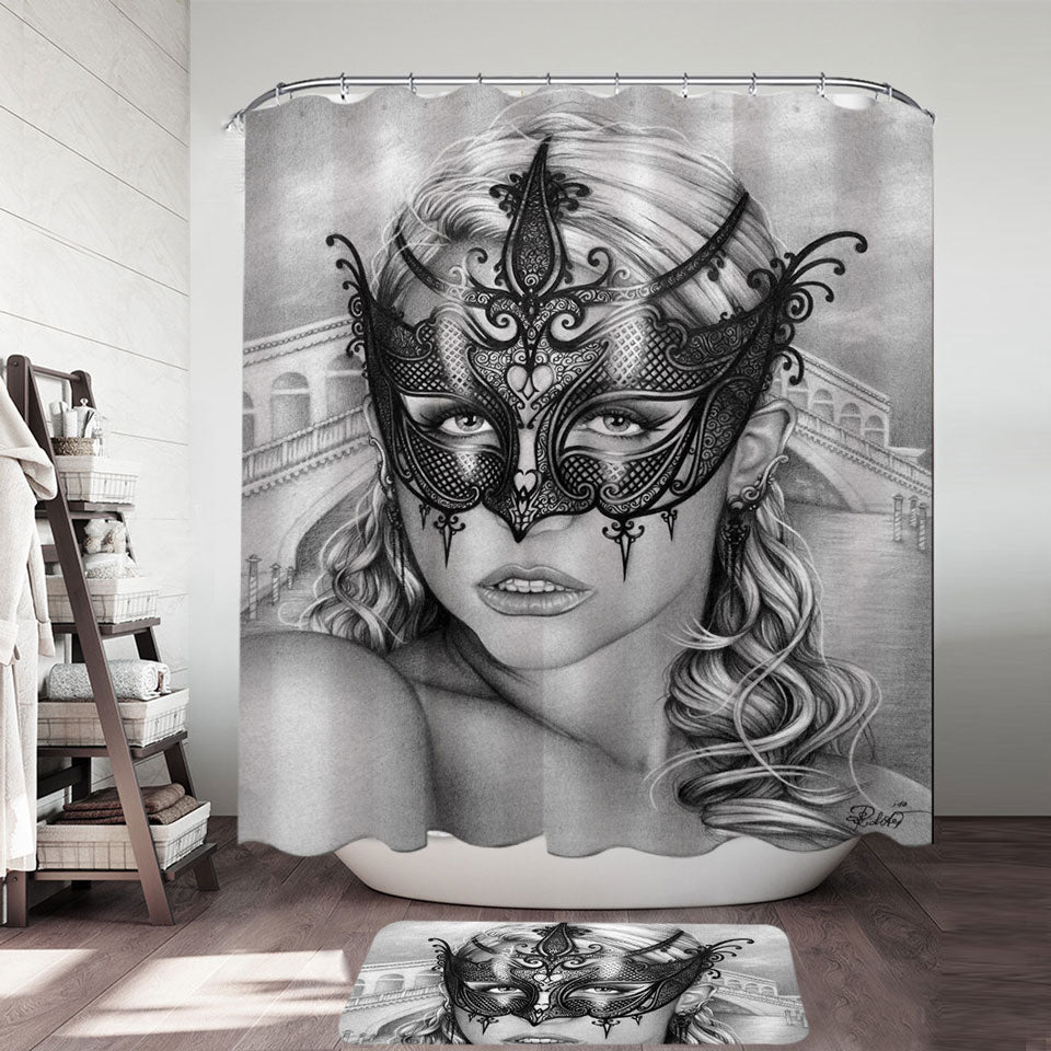 Artistic Pencil Drawing Venice Masked Woman Shower Curtain