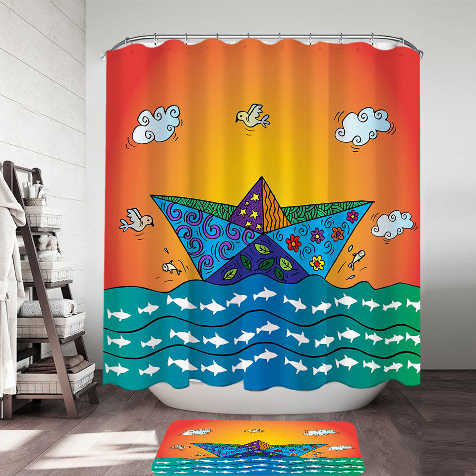 Artistic Multi Colored Origami Boat Shower Curtain