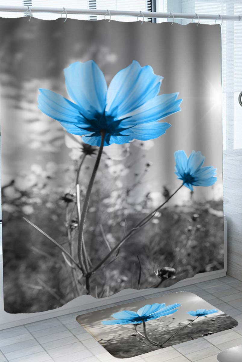 Artistic Black and White Blue Flowers Shower Curtain