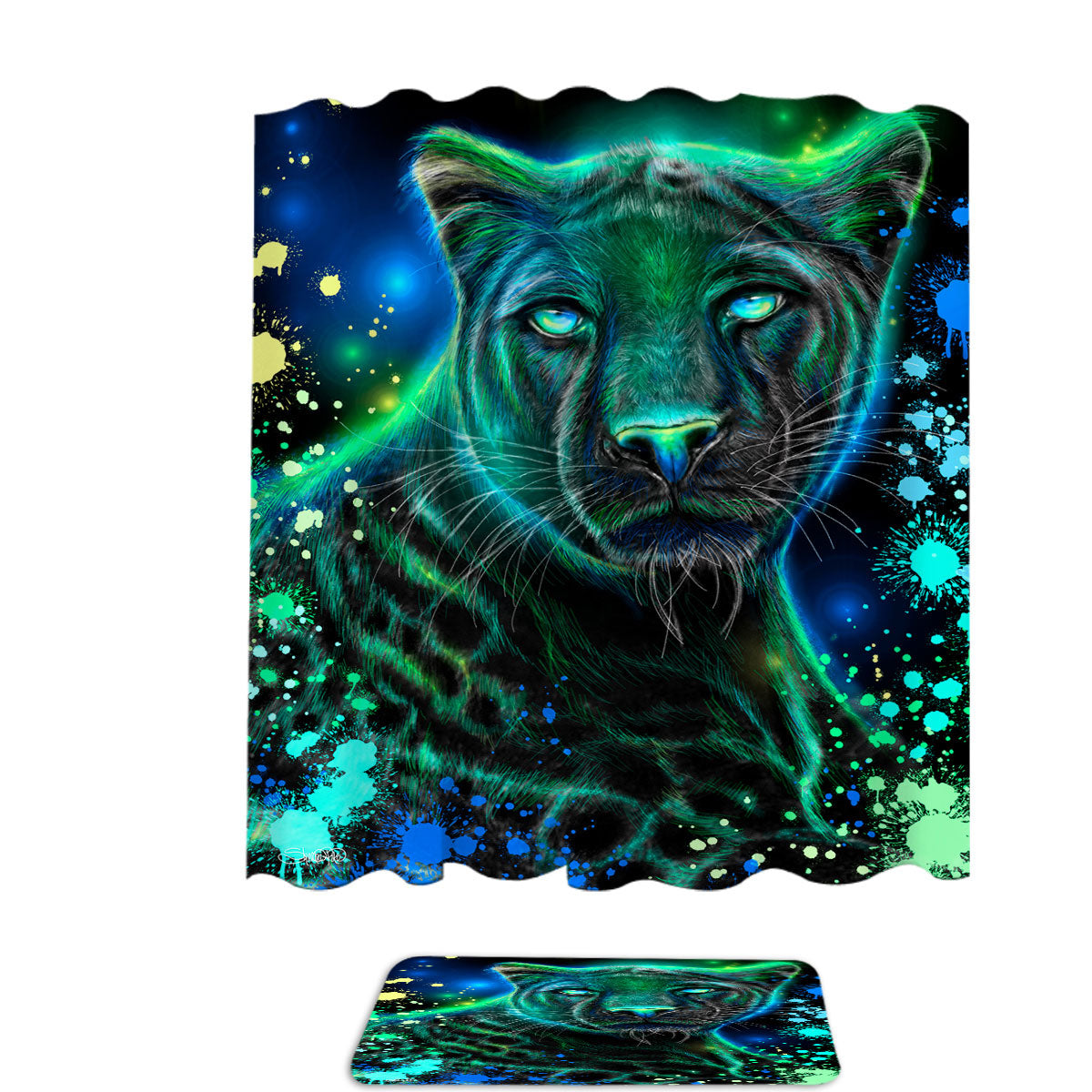 Artwork Neon Blue Green Panther Shower Curtain