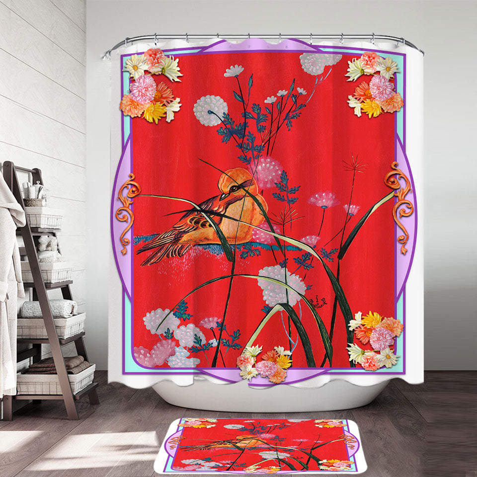 Asian Art Painting Bird on Red Shower Curtain
