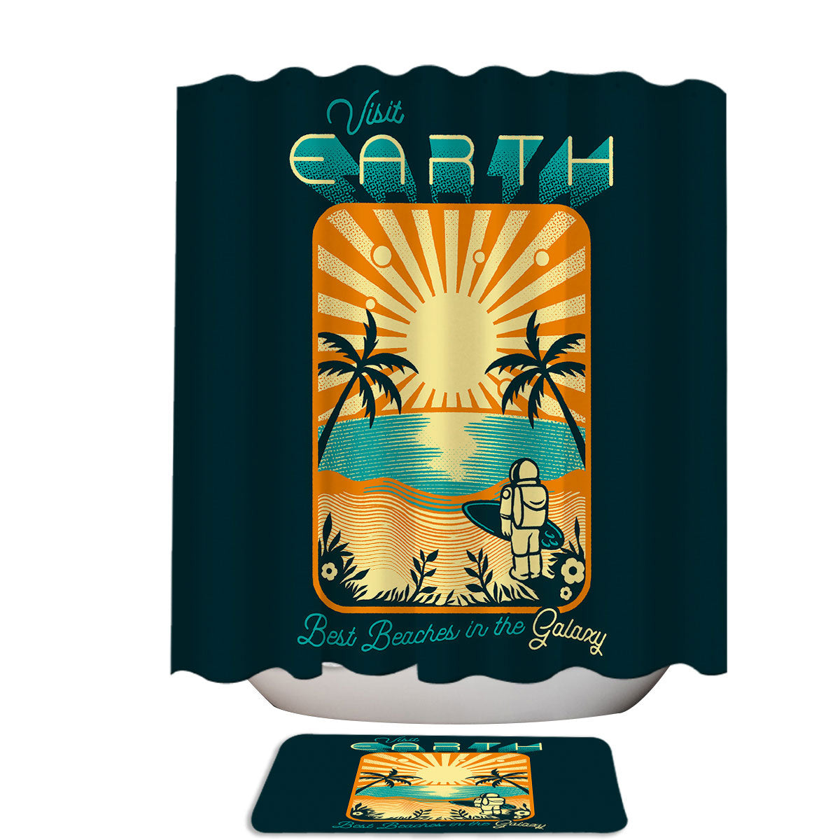 Astronaut Visit Earth Minimalist Surf Design Shower Curtain
