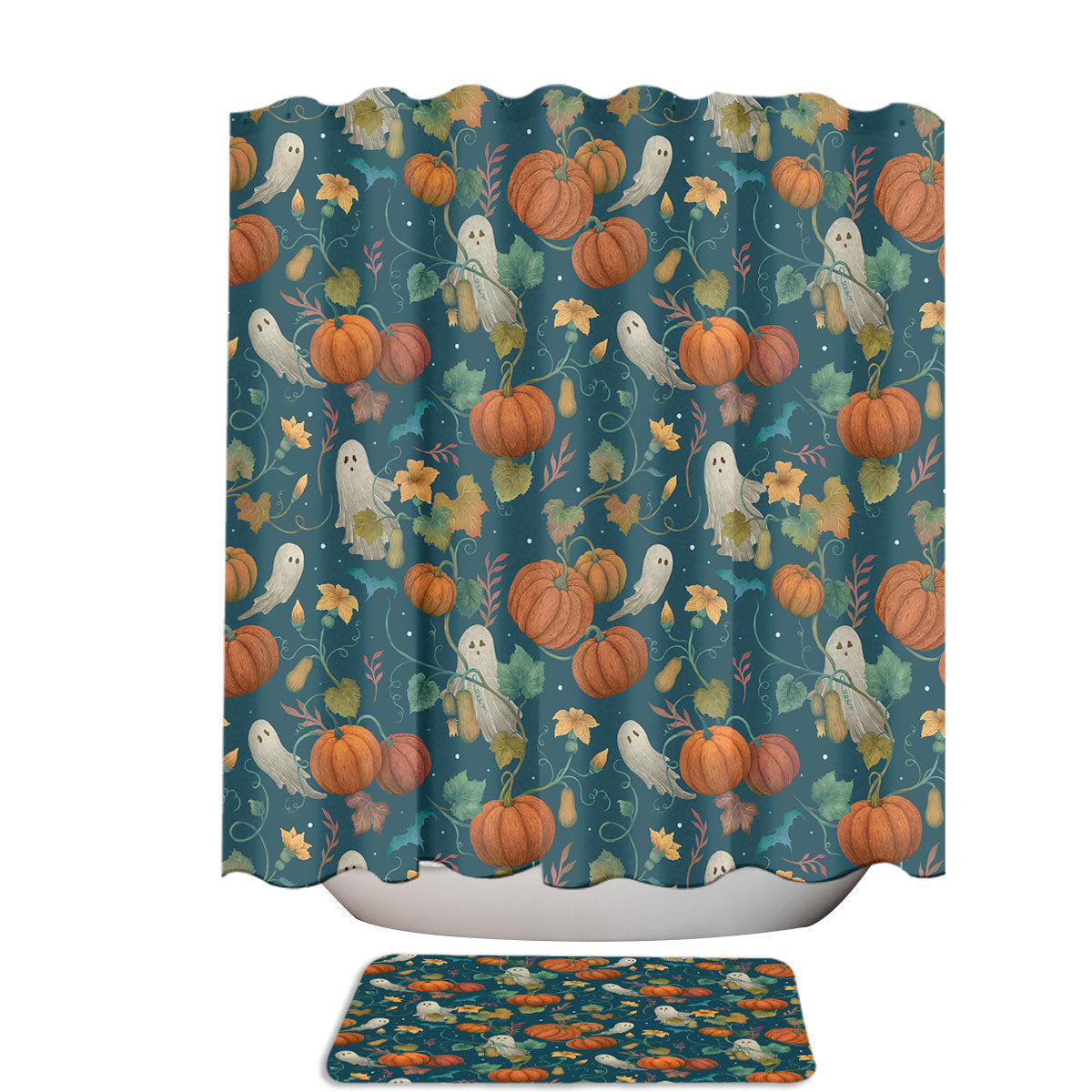 Autumn Garden Pumpkin and Ghost Shower Curtain