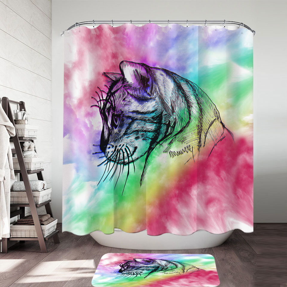Art Cat Drawing over Rainbow Fog Shower Curtain