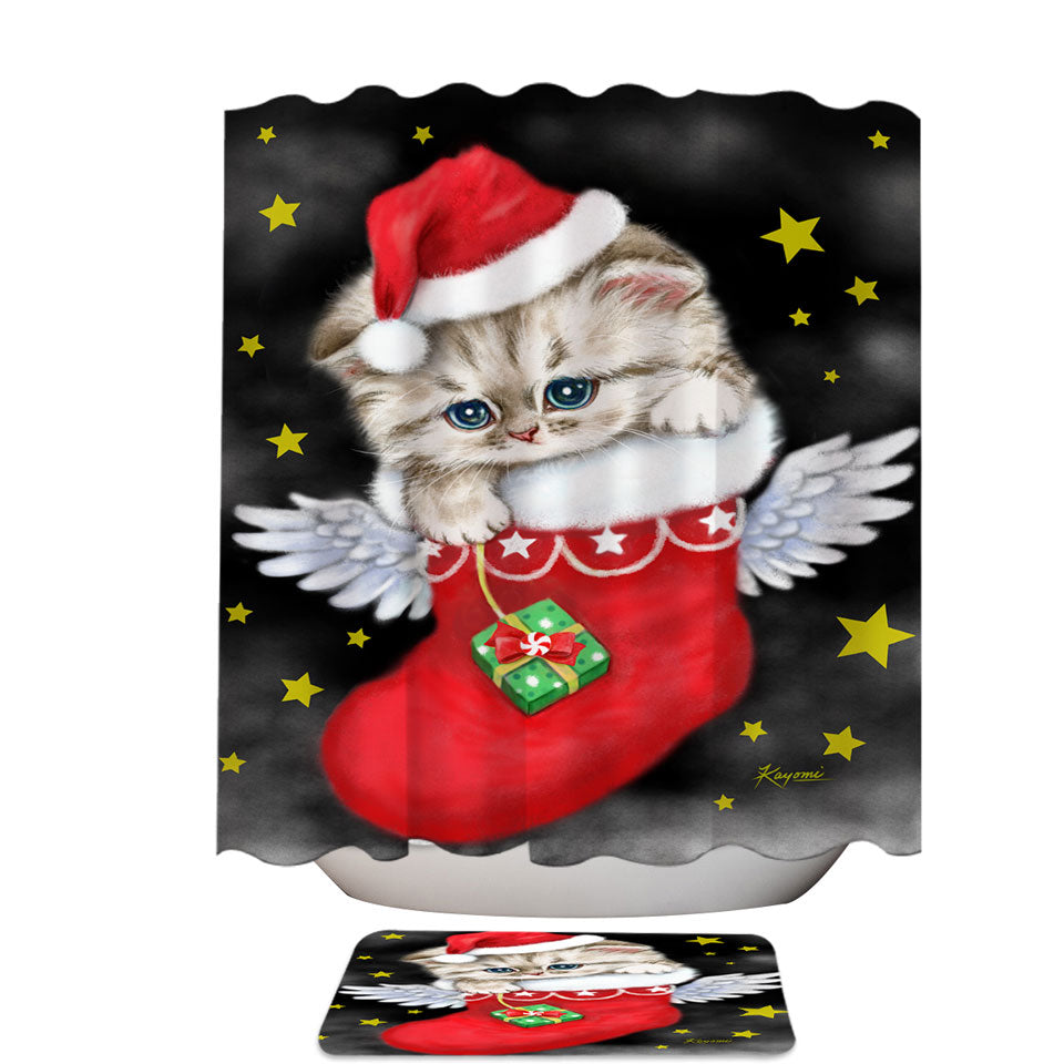 Adorable Tabby Kitty in Red Angle Christmas Sock Shower Curtain