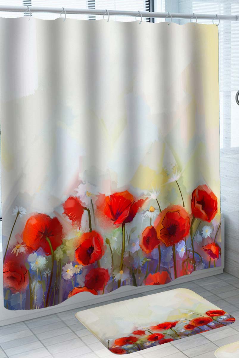 Art Painting Daisy and Poppy Seed Flowers Shower Curtain