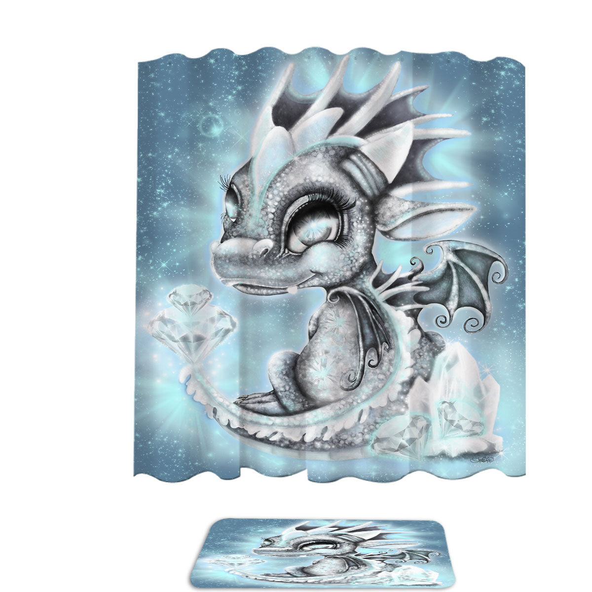 April Diamond Birthstone Lil Dragon Shower Curtain